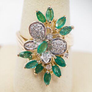 Vintage 14K Gold Emerald Diamond Butterfly Ring Floral Cocktail